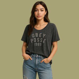 Obey Posse 1989 Vintage Graphic Tee – Distressed Charcoal Black (Size S)